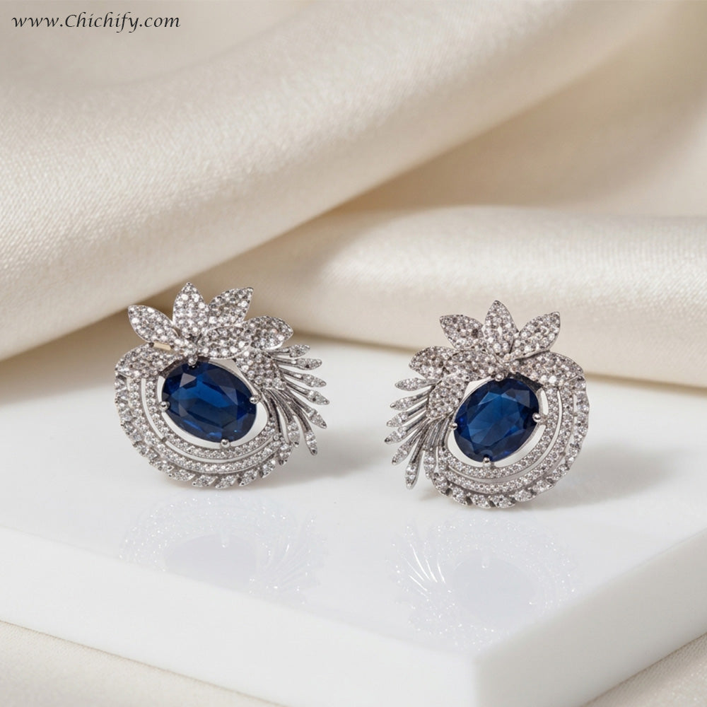 AD Cubic Zirconia Sapphire Blue Stone Stylish Silver Earring