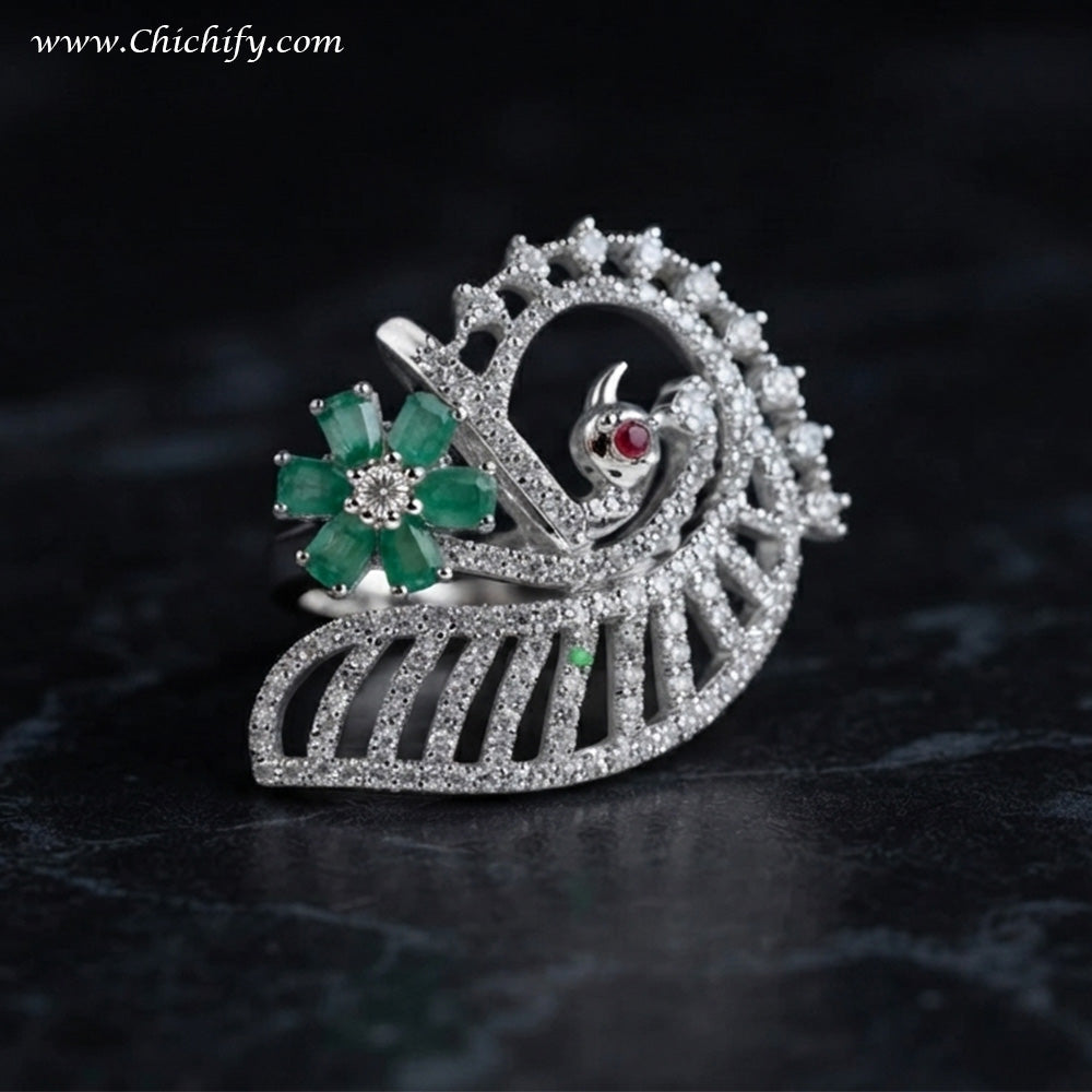 Emerald Blossom Peacock Statement Ring