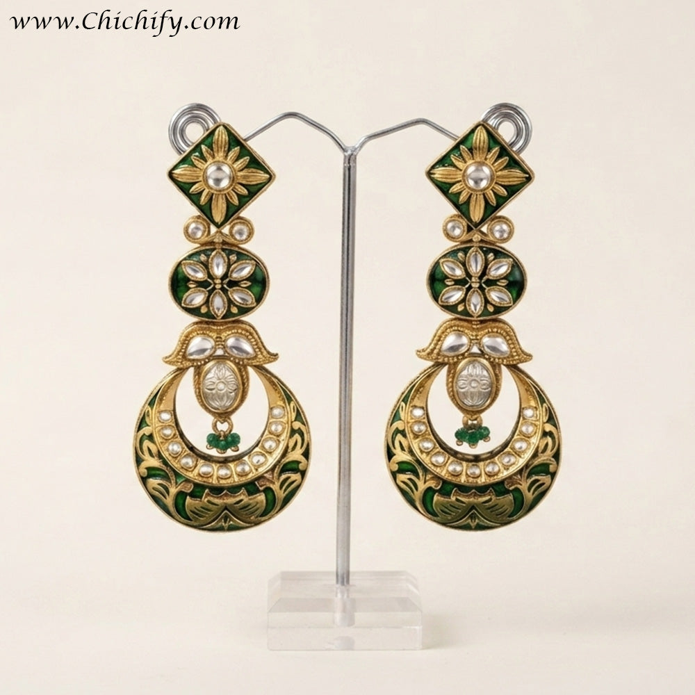 Emerald Green Meenakari Kundan Chandbali Earrings