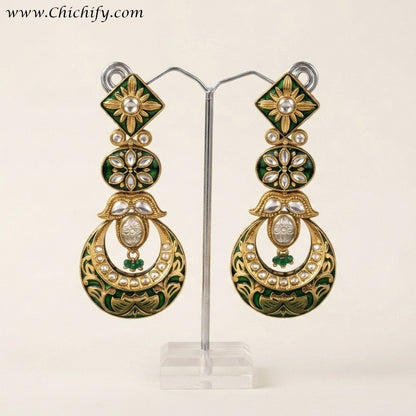 Emerald Green Meenakari Kundan Chandbali Earrings