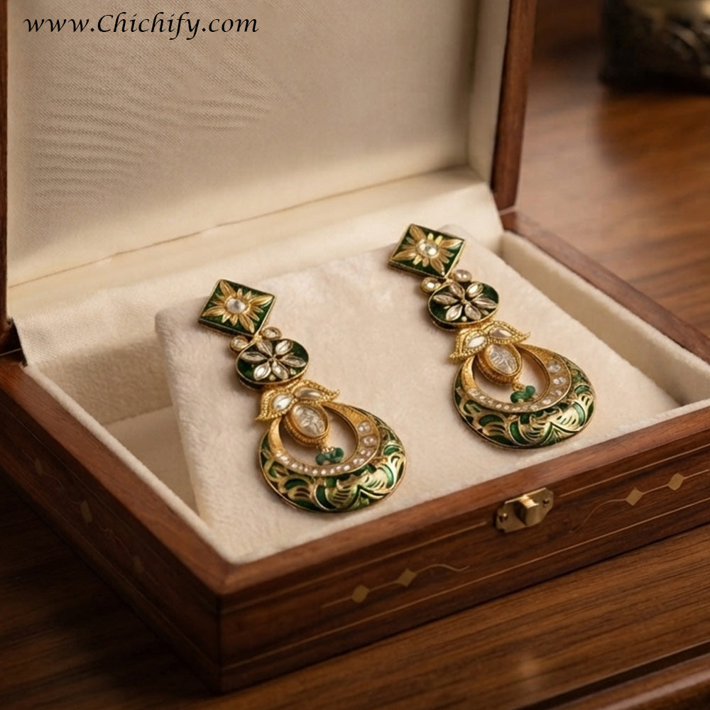 Emerald Green Meenakari Kundan Chandbali Earrings