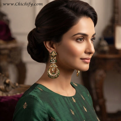 Emerald Green Meenakari Kundan Chandbali Earrings