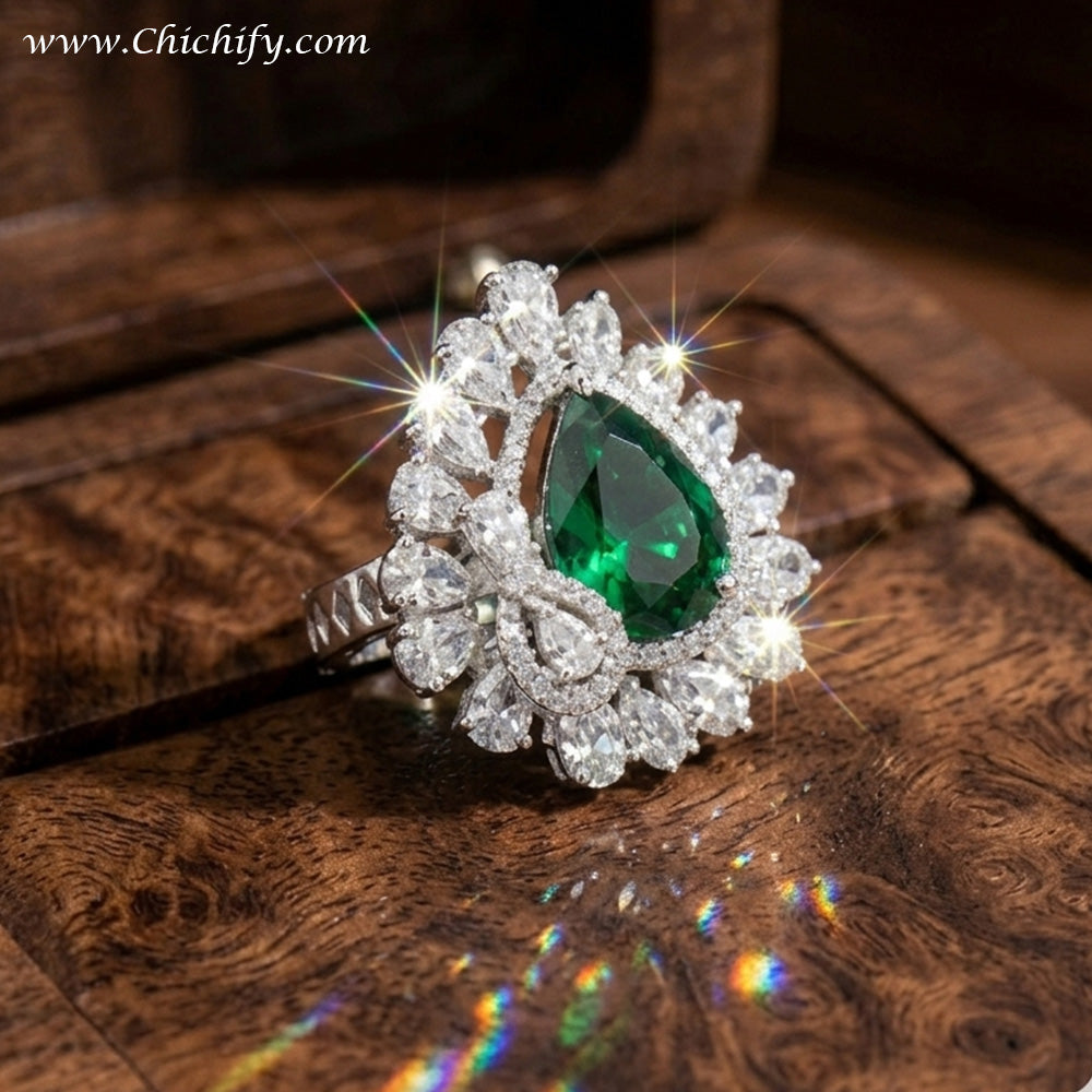 Premium Emerald Crystal Adjustable Ring