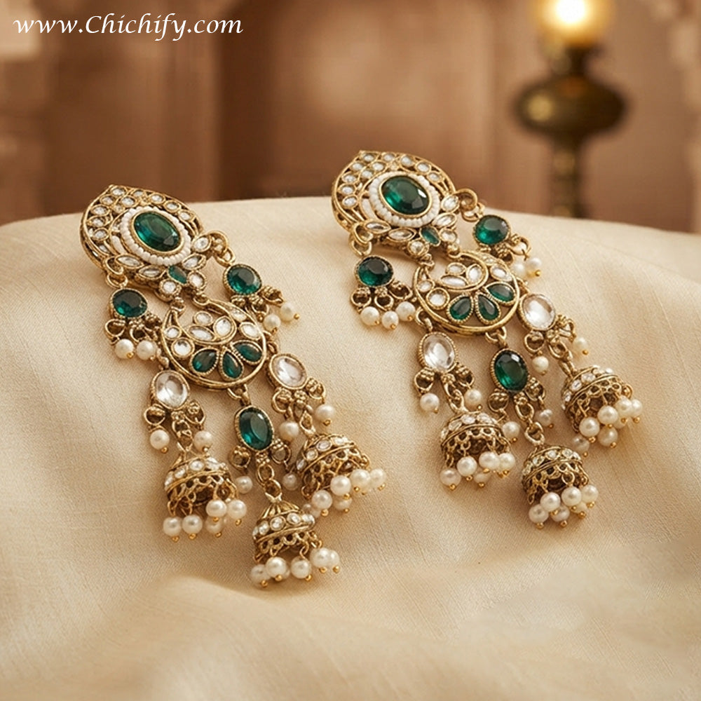 Rajwadha Emerald Pearl Jhumka Statement Earrings (Green)