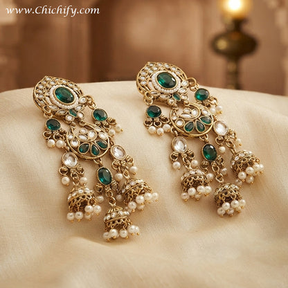 Rajwadha Emerald Pearl Jhumka Statement Earrings (Green)