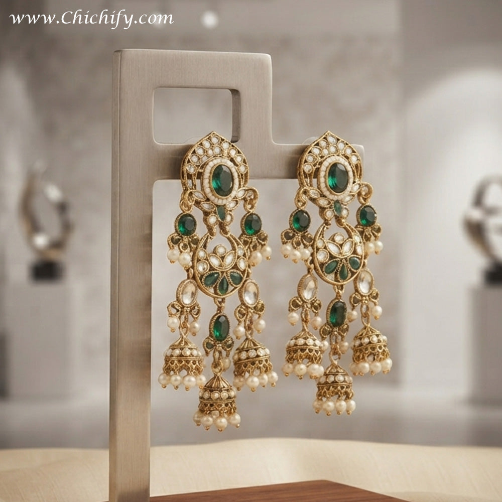 Rajwadha Emerald Pearl Jhumka Statement Earrings (Green)