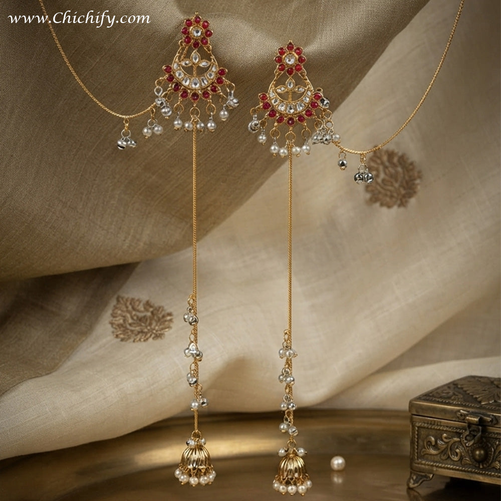 Rajwadha Ruby Pearl Long Chain Tassel Earrings