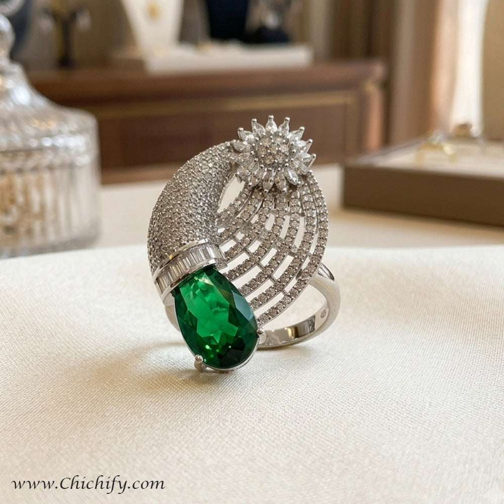 AD Zircona Green Adjustable Cocktail Ring for Women And Girls