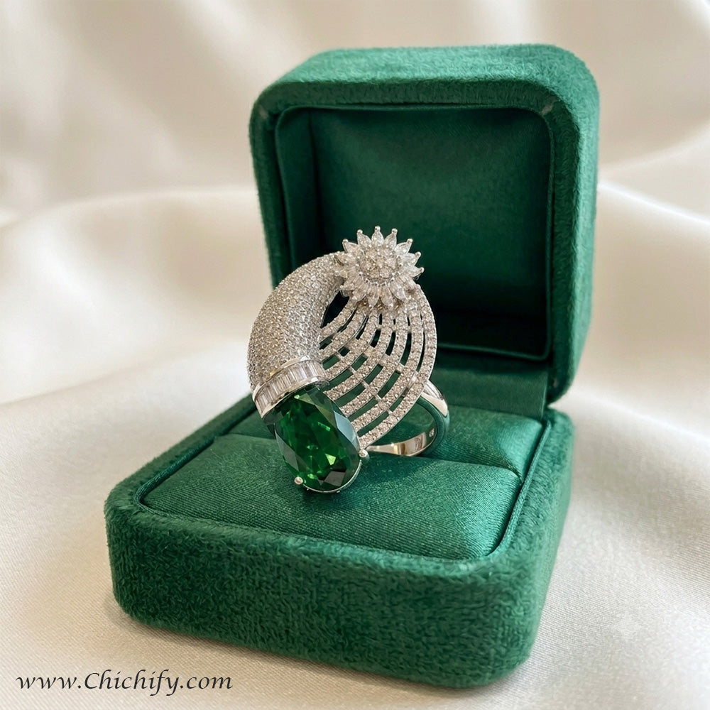 AD Zircona Green Adjustable Cocktail Ring for Women And Girls