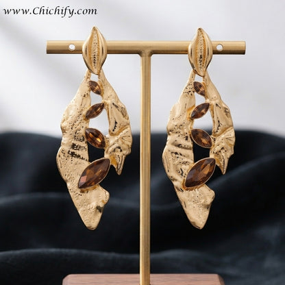 Gold Plated Amber Leaf Statement Earrings