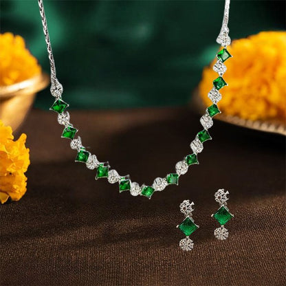 Green Color AD Necklace Square Shape