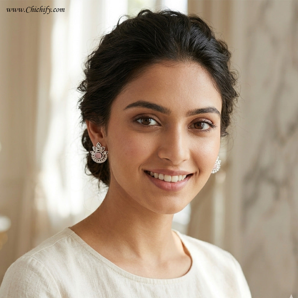 AD Silver Pink Crystal Crown Earring