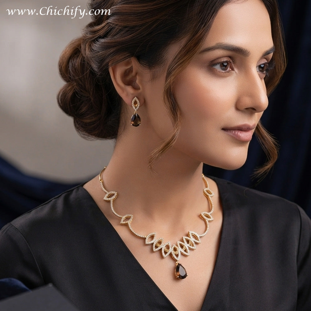 Black Color Sparkling Elegance Drop Ad Necklace