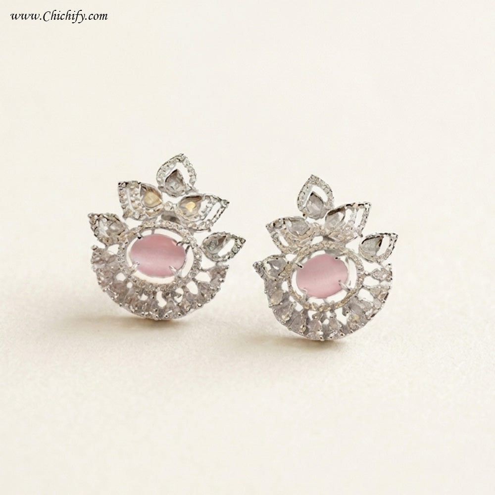 AD Silver Pink Crystal Crown Earring