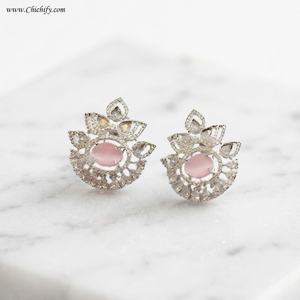 AD Silver Pink Crystal Crown Earring