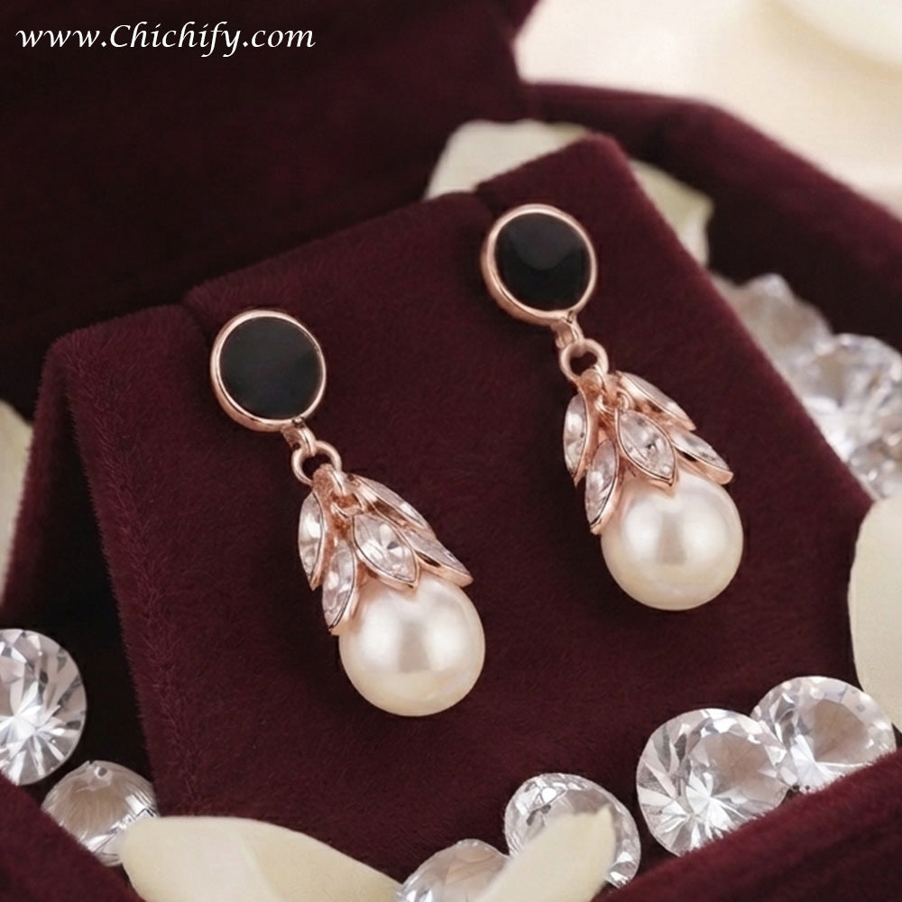 Noir Pearl Leaf Drop Earrings