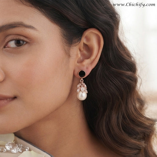 Noir Pearl Leaf Drop Earrings