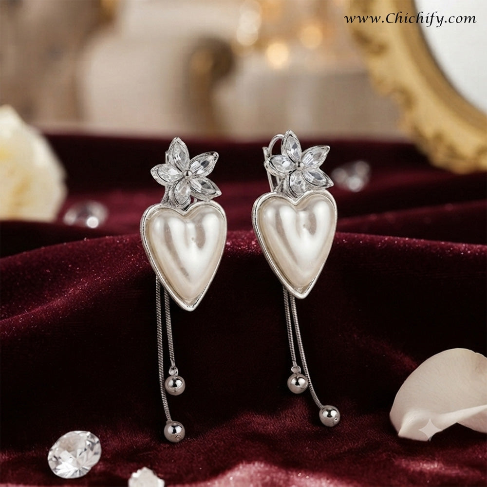 Celeste Heart Pearl Tassel Earrings (Silver)