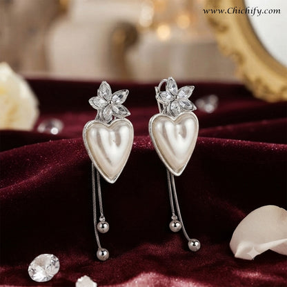 Celeste Heart Pearl Tassel Earrings (Silver)