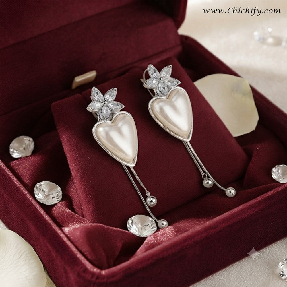 Celeste Heart Pearl Tassel Earrings (Silver)