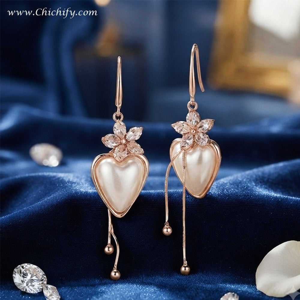 Rose Heart Pearl Tassel Drop Earrings