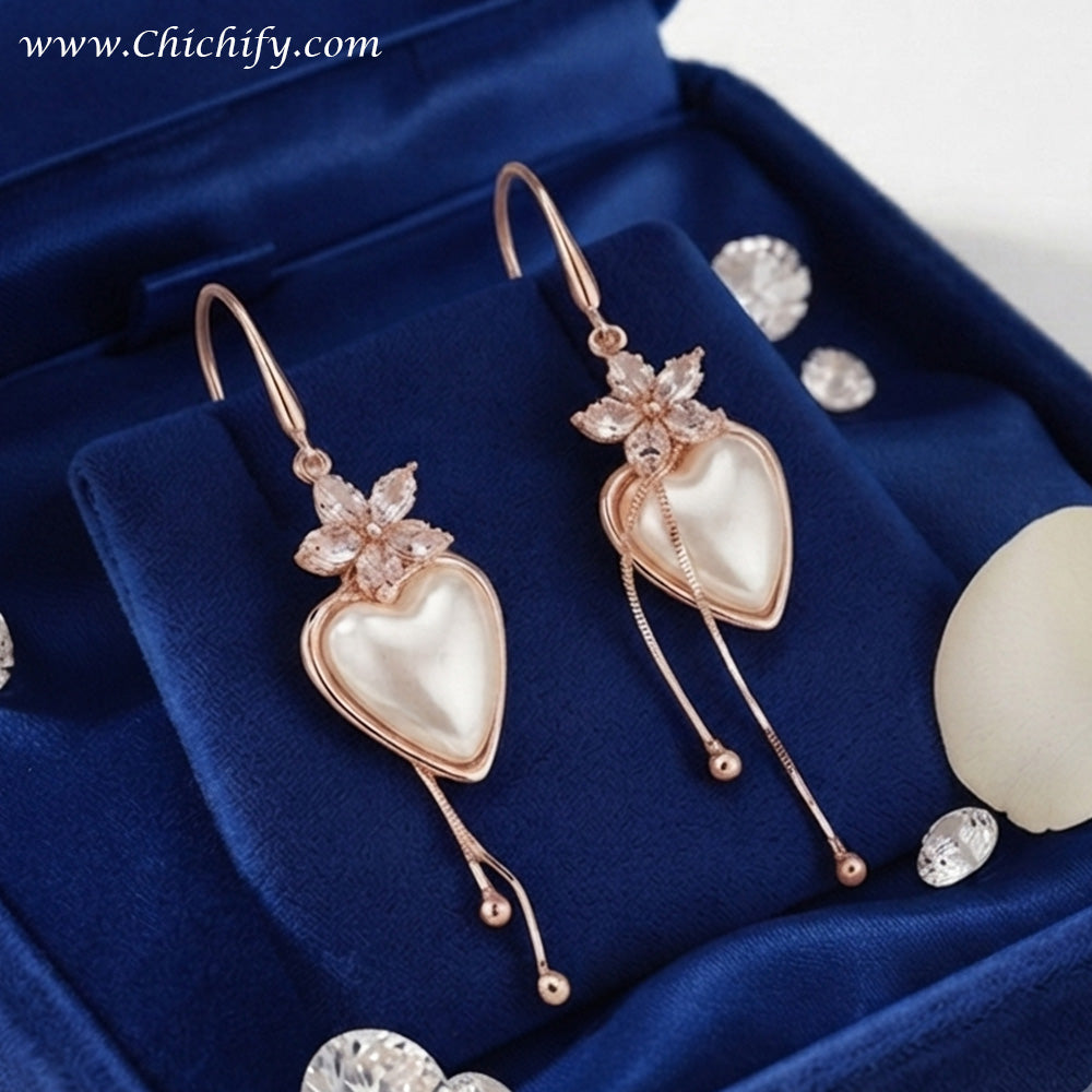 Rose Heart Pearl Tassel Drop Earrings