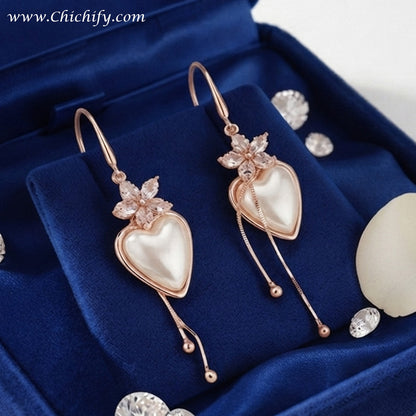 Rose Heart Pearl Tassel Drop Earrings