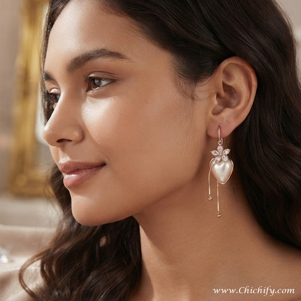 Rose Heart Pearl Tassel Drop Earrings