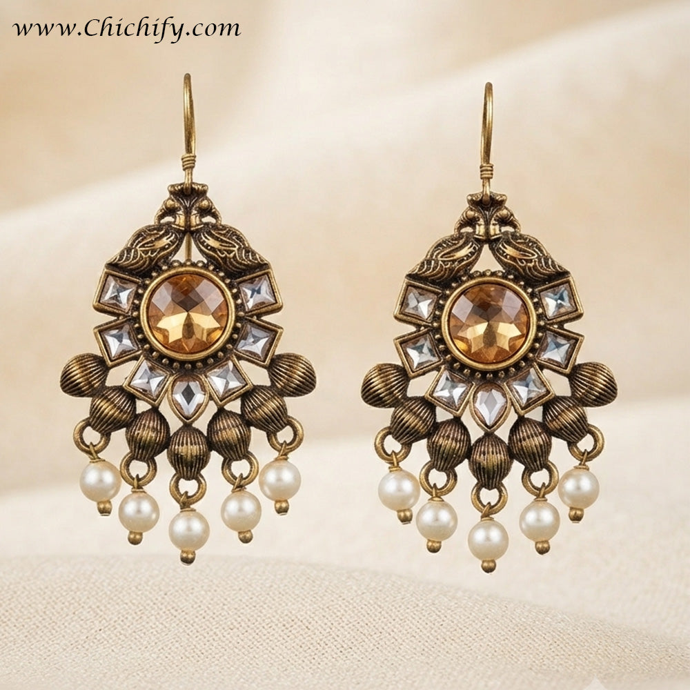 Antique Amber Kundan Pearl Drop Earrings
