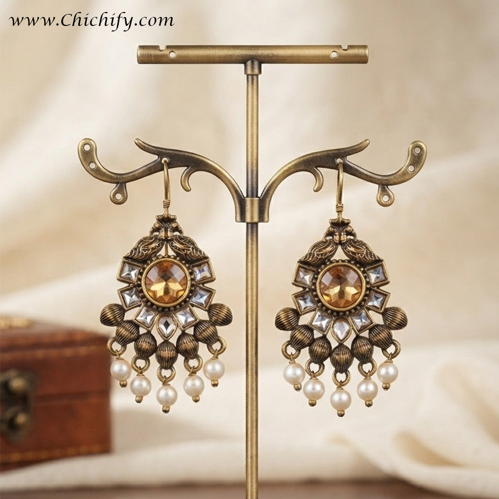 Antique Amber Kundan Pearl Drop Earrings