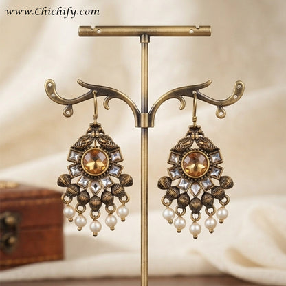 Antique Amber Kundan Pearl Drop Earrings