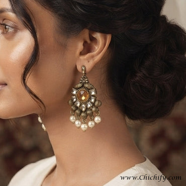 Antique Amber Kundan Pearl Drop Earrings