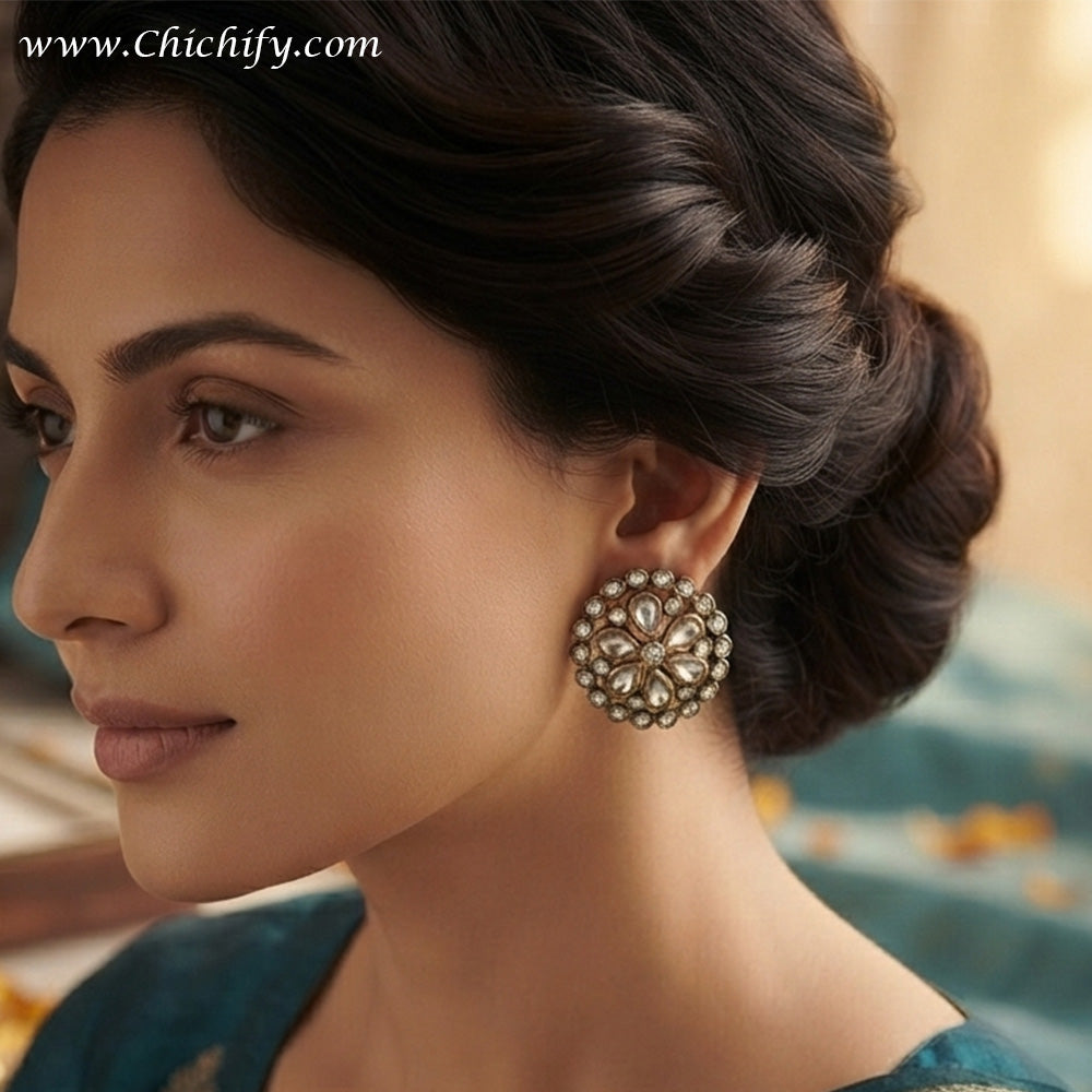 Antique Kundan Floral Halo Stud Earrings
