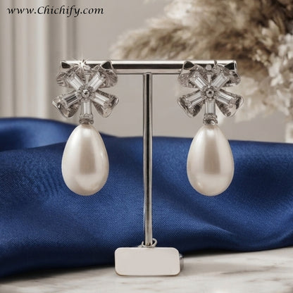 Celeste Pearl Bloom Stainless Steel Drop Earrings
