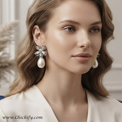 Celeste Pearl Bloom Stainless Steel Drop Earrings