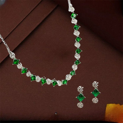 Green Color AD Necklace Square Shape