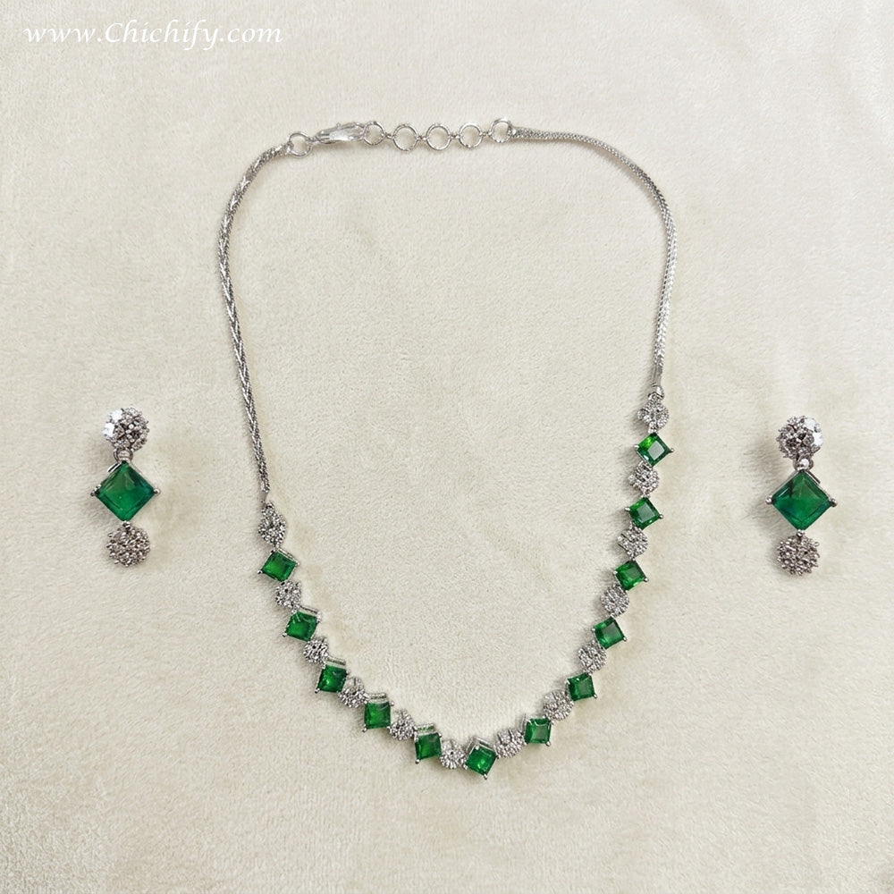 Premium Emerald Green Stone AD Necklace Set for Women