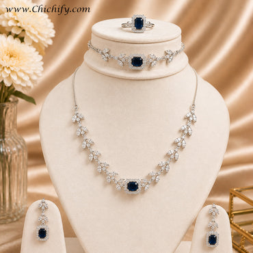 Chichify Elegant AD Blue Necklace with Ring and Bracelet