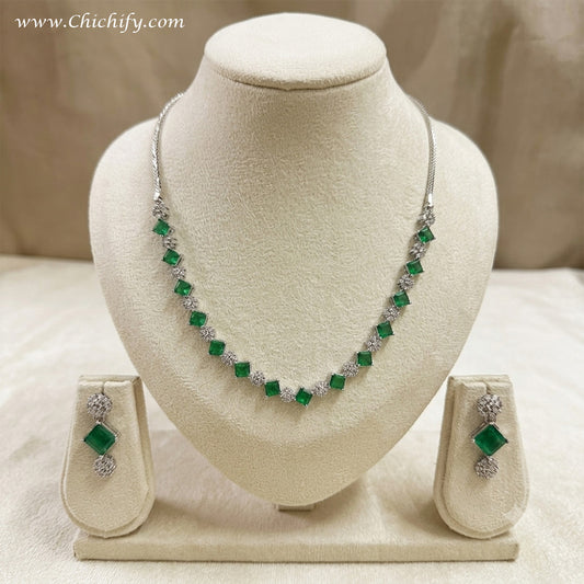 Premium Emerald Green Stone AD Necklace Set for Women