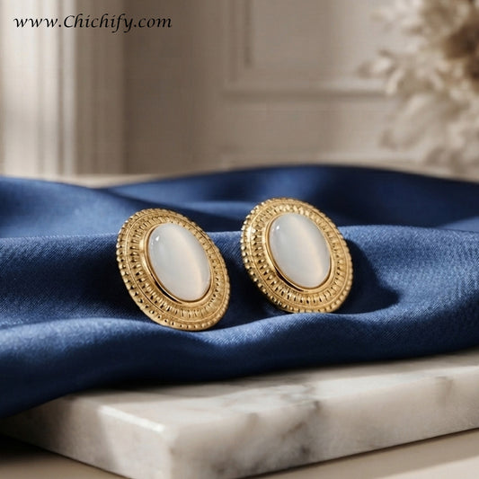 Vintage Pearl Oval Stainless Steel Gold Platted Stud Earrings