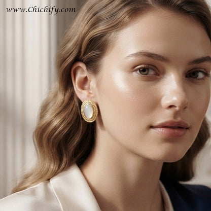 Vintage Pearl Oval Stainless Steel Gold Platted Stud Earrings