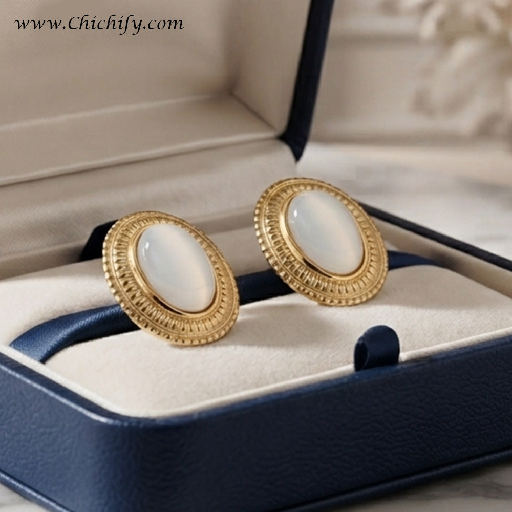 Vintage Pearl Oval Stainless Steel Gold Platted Stud Earrings