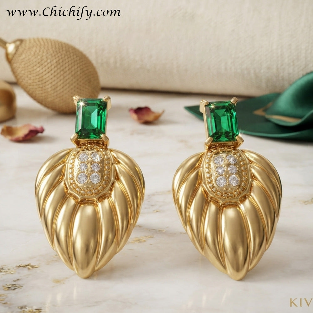 Emerald Leaf Luxe Stud Earrings – Gold-Plated CZ Statement Earrings for Women
