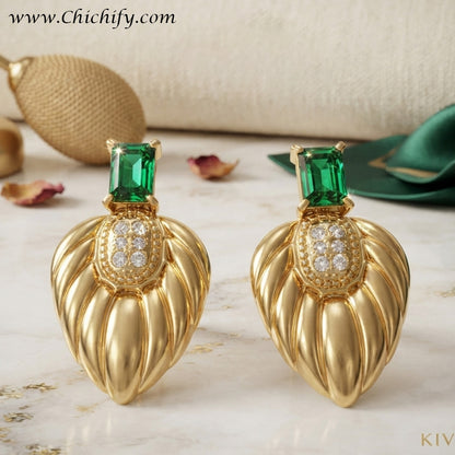 Emerald Leaf Luxe Stud Earrings – Gold-Plated CZ Statement Earrings for Women