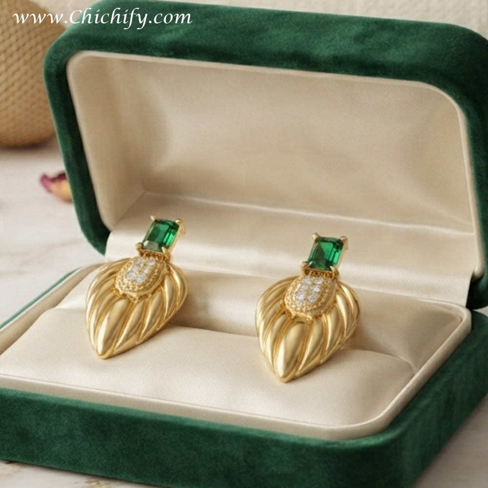 Emerald Leaf Luxe Stud Earrings – Gold-Plated CZ Statement Earrings for Women