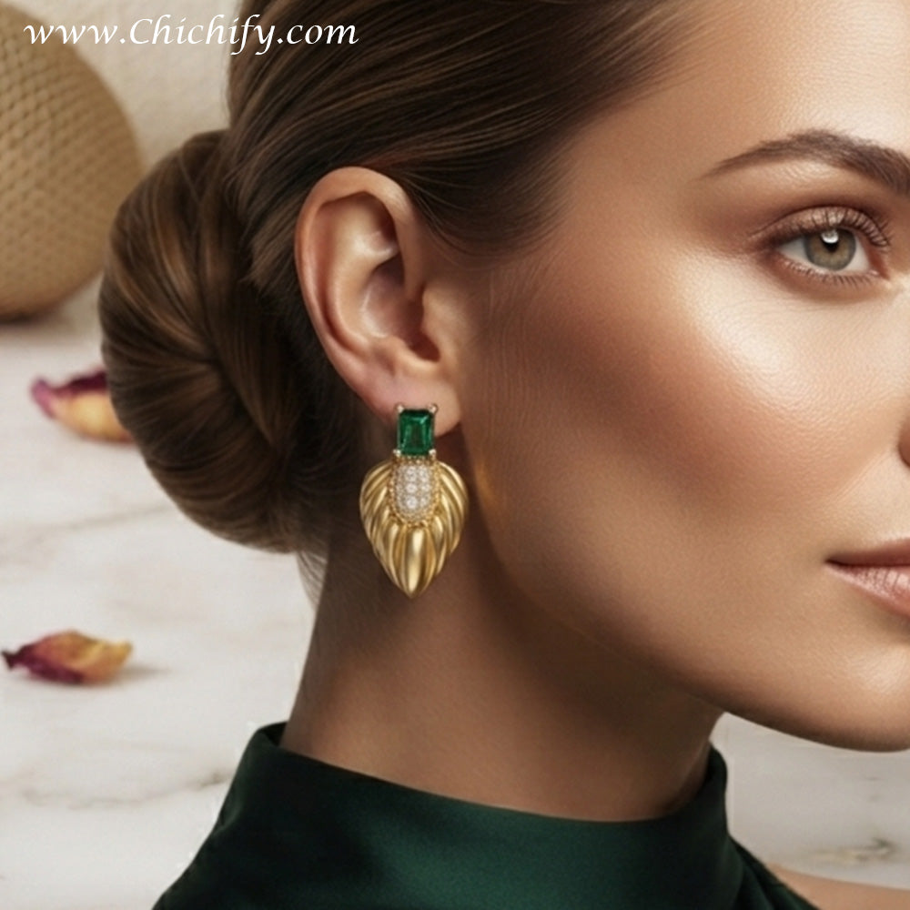 Emerald Leaf Luxe Stud Earrings – Gold-Plated CZ Statement Earrings for Women