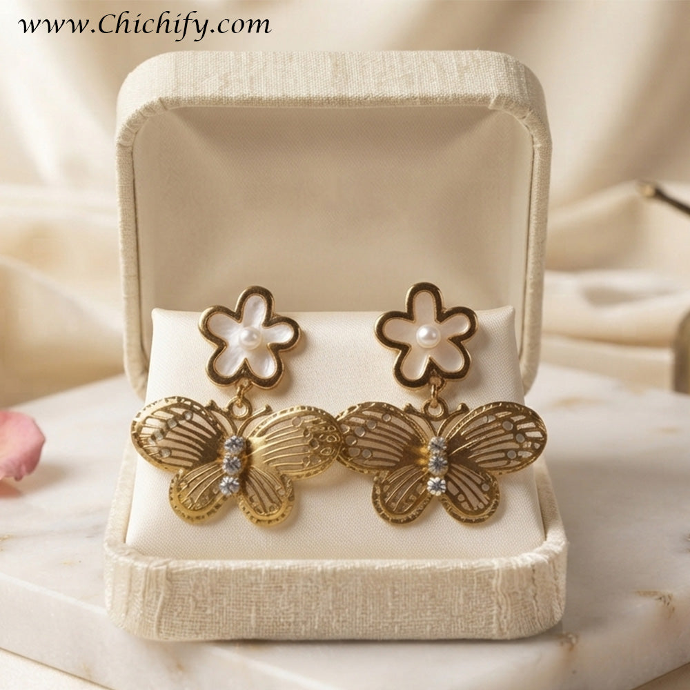 Golden Flutter Bloom Drop Earrings – Gold-Plated Butterfly & Floral Earrings for Women