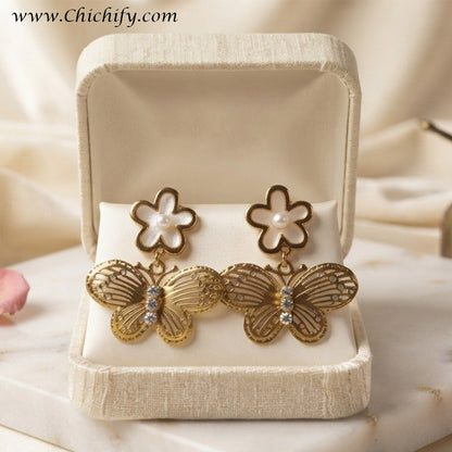 Golden Flutter Bloom Drop Earrings – Gold-Plated Butterfly & Floral Earrings for Women