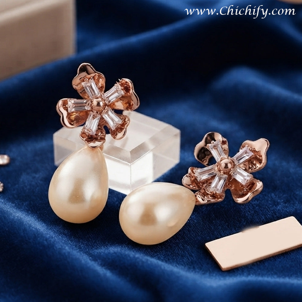 Rose Gold Blossom Pearl Drop Earrings – Crystal Floral Statement Earrings for Women