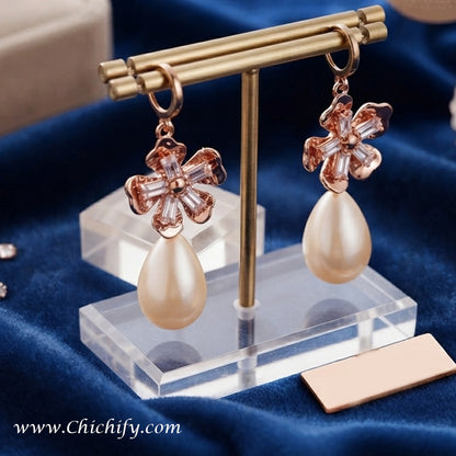 Rose Gold Blossom Pearl Drop Earrings – Crystal Floral Statement Earrings for Women